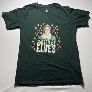 Elf Movie 'Raised by Elves' Kids 10/12 T-Shirt Christmas Green Candy Cane